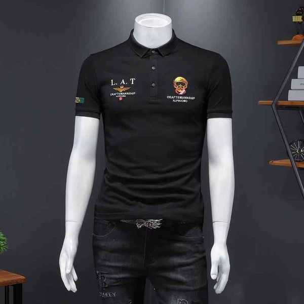 

men's fashion personality trend new short-sleeved brand wholesale summer shirt lapel slim embroidered cotton short sleeve t-shirt trend, White;black
