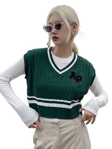 

dazy 1pc letter patched detail striped trim sweater vest p8oi#, White;black