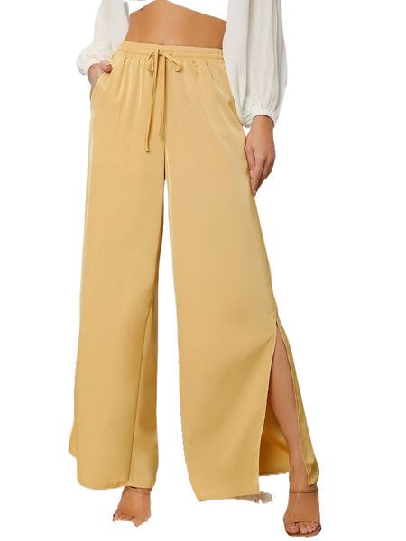 

solid drawstring slit hem wide leg pants a6bd#, Black;white