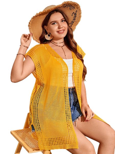 

plus hollow out batwing sleeve split hem kimono h4as#, Black;gray