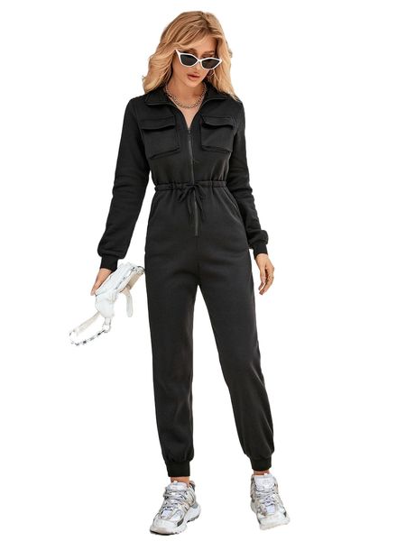

flap pocket drawstring waist zip up jumpsuit d7da#, Black;white