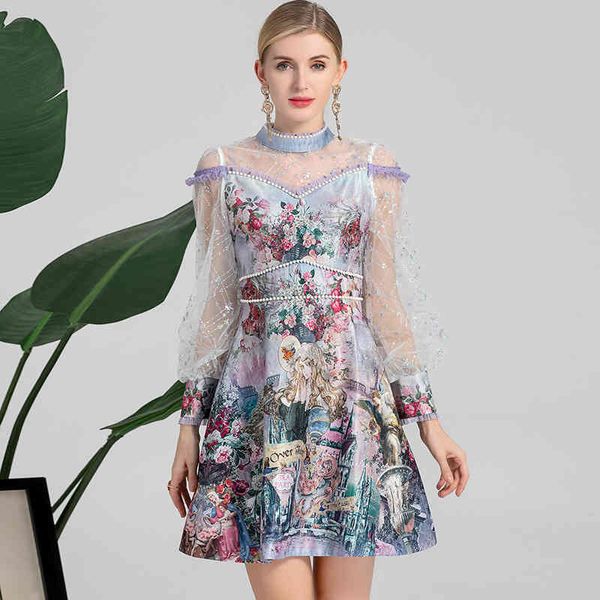

casual dresses dreamy fairy tale style print aging celebrity temperament summer mesh sequin nail bead stitching dress, Black;gray