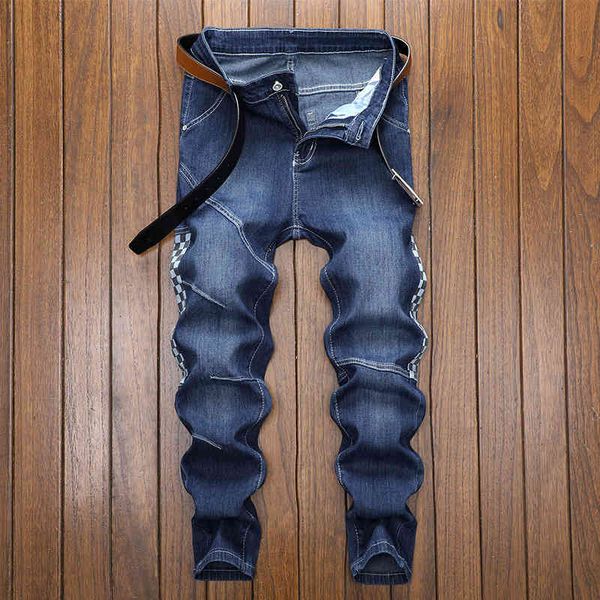 

men's jeans blue stitching color matching straight slim elastic jeans trendy pants men's 4044 kgfo