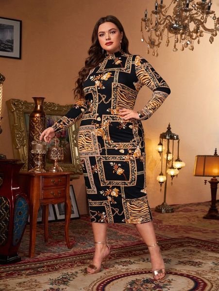 

plus floral and chain print mock neck dress g572#, Black