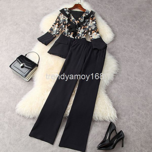 

women's two piece pants spring / summer women's printed trumpet sleeve v-neck + high waist hanging wide leg pants temperament two-, White