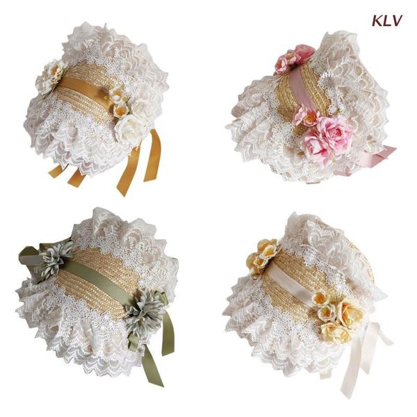 Chapéus largos de abrangência Sweet Parent-Kids Top Top Hat Pastoral Straw Lolita Bonnet Surprise Gift for Holiday Beach Festival 6xdawide