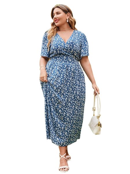 

plus ditsy floral puff sleeve tie back dress u4d7#, Black