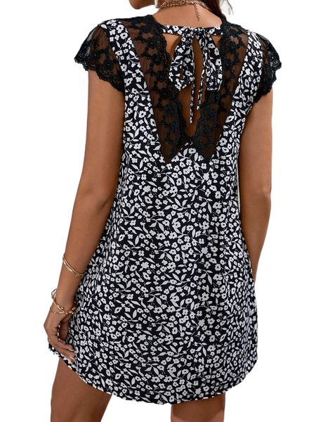 

floral print contrast embroidery mesh tie back dress 74ab#, Black;gray