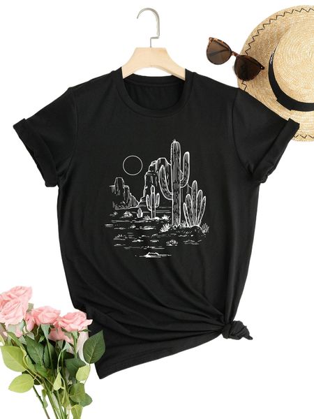 

plus cactus & sun print tee 02o3#, Black