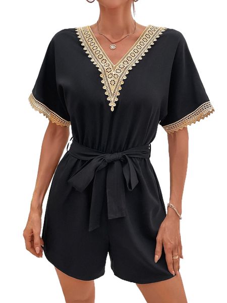 

guipure lace belted romper o18y#, Black;white