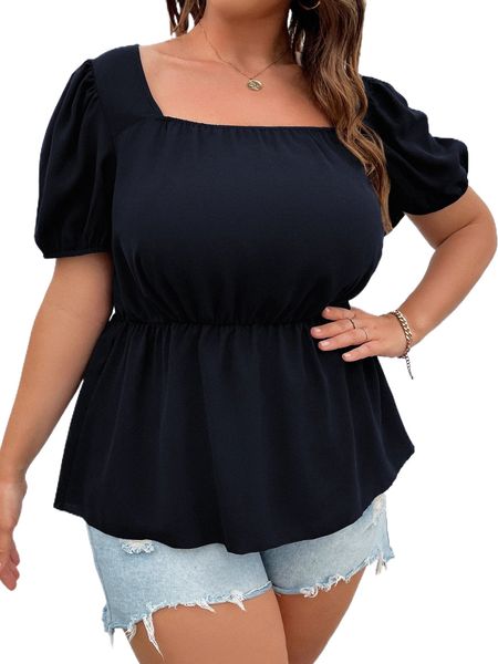 

plus square neck puff sleeve peplum blouse j4g9#, Black