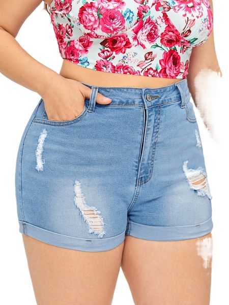 

plus high waist ripped roll hem denim shorts l2dm#, White;black
