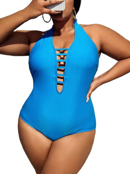 

plus ladder cut out halter one piece swimsuit i9pc#, White;black