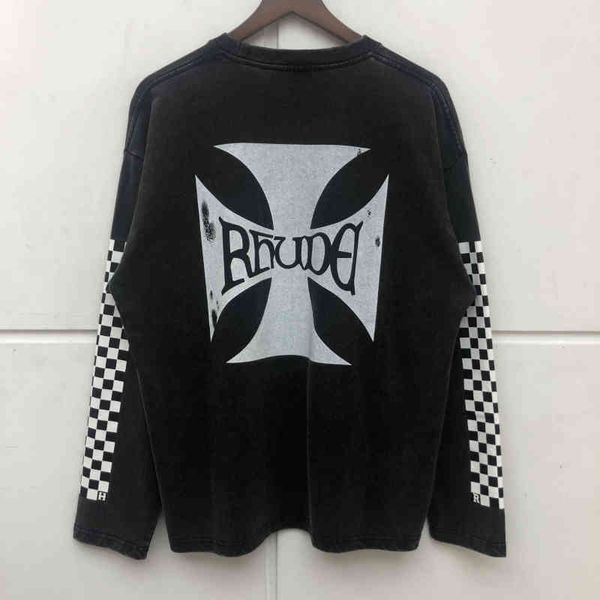 

rhude t-shirt designer men women vintage long sleeve t shirt checkered cross printing tee high-quality, White;black