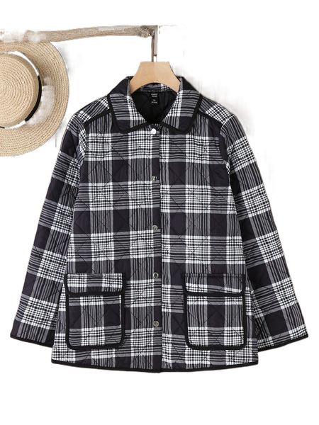 

plus plaid button front winter coat a6hp#, Black