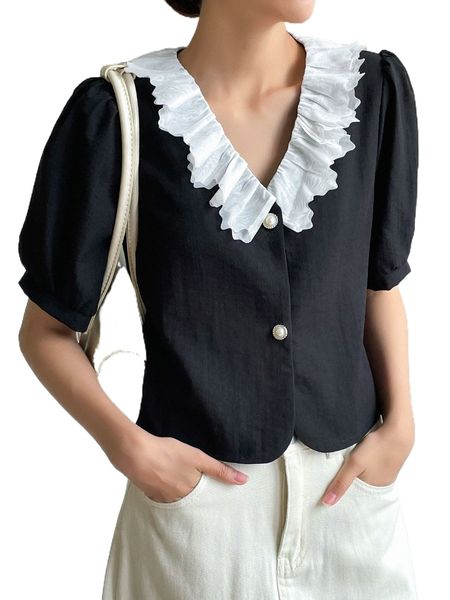 

dazy contrast ruffle neck button front blouse u1hc#, White