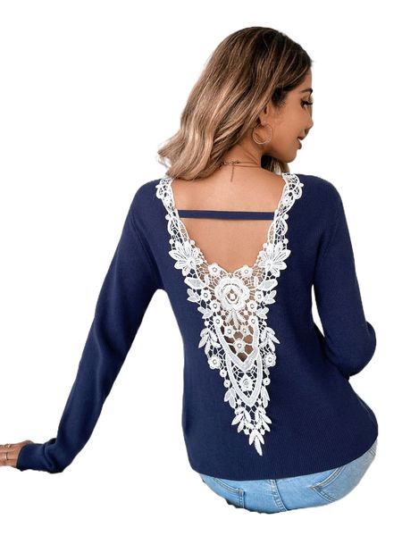 

contrast guipure lace cut out back sweater m4yb#, White;black