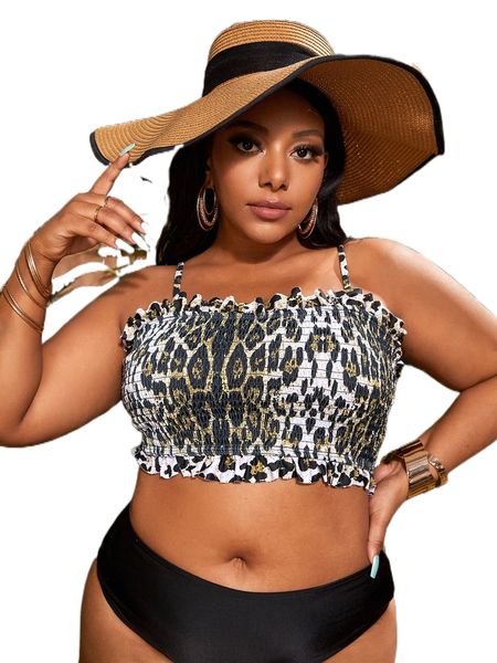 

plus leopard print smocked frill trim bikini q3vn#, Black