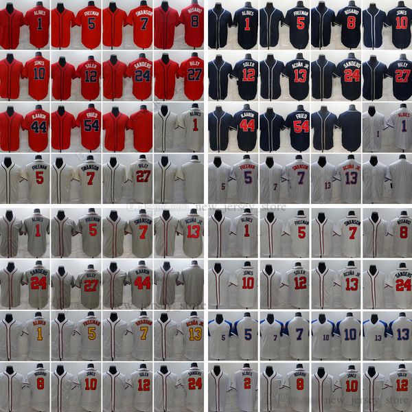 Movie College Baseball Veste Jerseys Stitched 1Albies 2Albies 5Freeman 7Swanson 8Rosario 10Jones 12Soler 13AcunaJr. 24Sanders 27Navy 44Aaron 54Fried New City