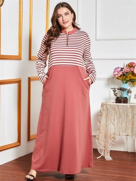 Siskakia Süßes rosa rotes Maxi-Sweatshirt-Kleid für Frauen, Herbst 2022, modisches gestreiftes Patchwork-Reißverschluss-Up-Stehkragen-Langarm-Freizeitkleid