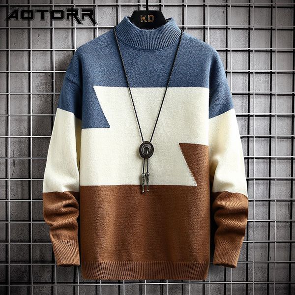 

2022 autumn sweater mens fashion patchwork half turtleneck winter thick casual pullover men o-neck knitted sweaters l220801, White;black