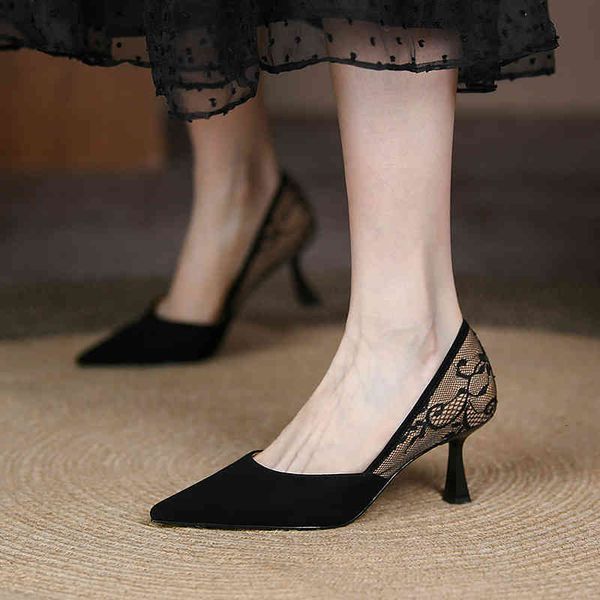 

sandals pointed thin heel temperament splicing shallow mouth high heels spring simple korean lace single shoes women abzx, Black