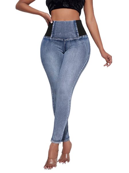 

high waist colorblock skinny jeans l9s4#, Blue