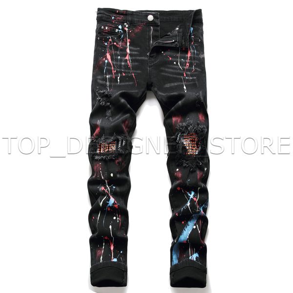 

designer jeans black hand painted jeans men's fashion brand slim fit small feet autumn and winter holes nailed beads long pants 100% pu, Blue