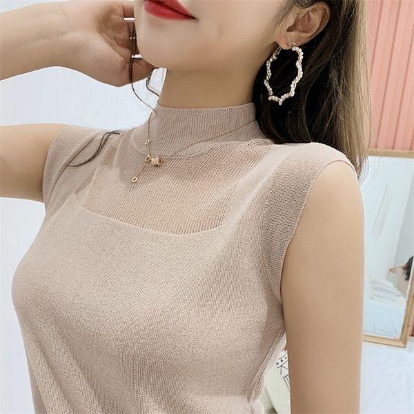 

hollow out tank women summer lce silk knitted vest sleeveless casual korean elasticity solid slim pullover 220316, White