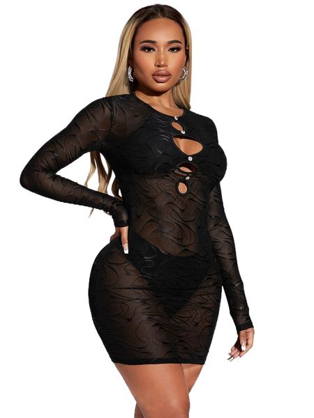 

sxy graphic print cut out front mesh dress a19f#, Black;gray