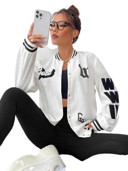 

letter patched striped trim varsity jacket r7w7#, Black;brown