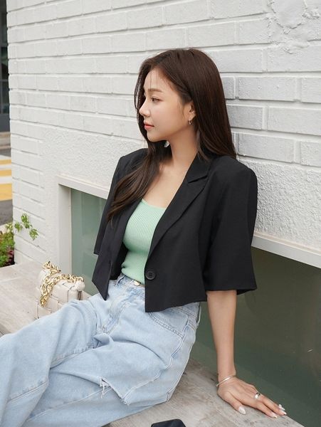 

dazy singe button short sleeve crop blazer r937#, White