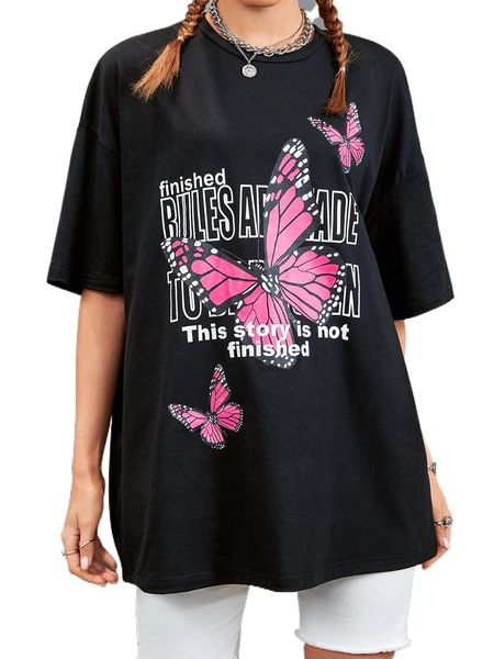 

slogan & butterfly print tee 564z#, White