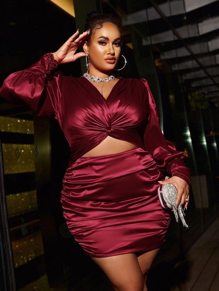 

glamaker plus cut out twist front lantern sleeve ruched satin bodycon dress m8j0#, Black
