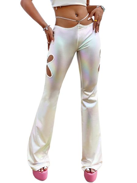 

beaded chain detail waist cutout hologram pants w4ex#, Black;white