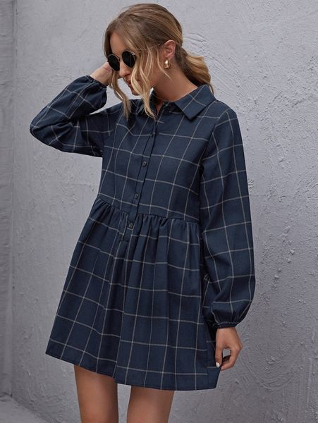

lantern sleeve button front plaid smock dress r7zu#, Black;gray