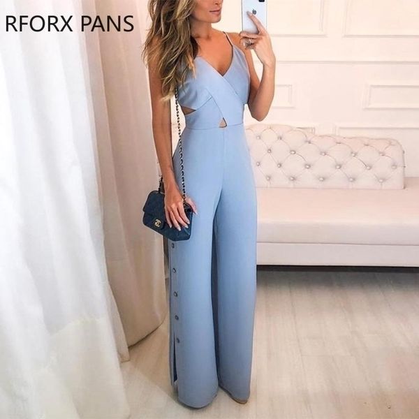 

crisscross strap button slit side jumpsuit y200106, Black;white