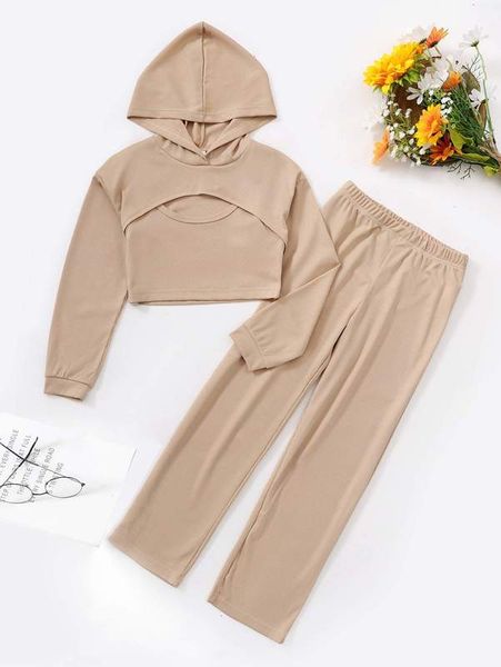 

girls high low hem hoodie & straight leg pants with tank she, White