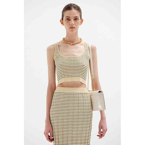 

women's t-shirt eenk spring/summer arrival woman beige striped ribbed knitted tank drop ked6, White