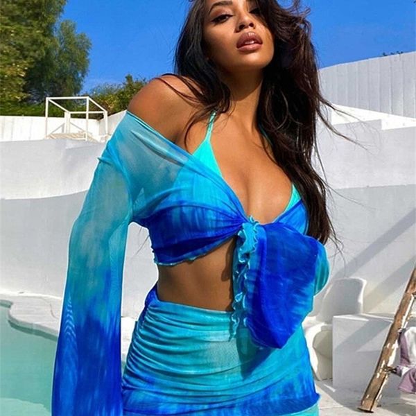 

kliou printed mesh tie up skirt matching sets flare long sleeve holiday club outfit for women casual drawstring 2 piece set 220506, White