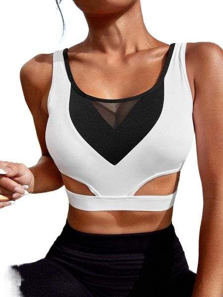 

flex dry mesh panel two tone cut out sports bra o1r1#, Gray