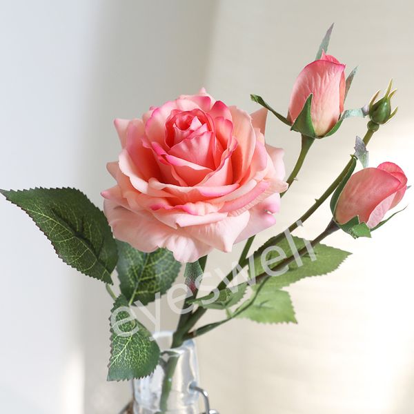 Künstliche Rose Blumen Seide Filz echte Touch 1 Blume 2 Knospe Feuchtigkeitsspendende Rosen Home Hochzeit Mittelstücke Party Decor