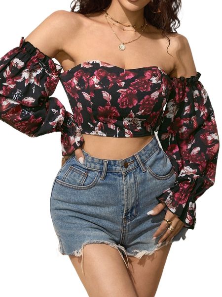 

floral off the shoulder crop m0vf#, White