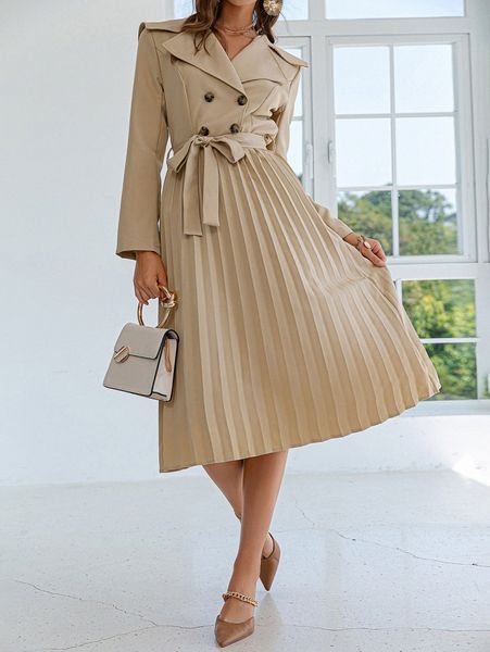 

simplee double breasted statement collar pleated hem belted dress 14z3#, Black;gray