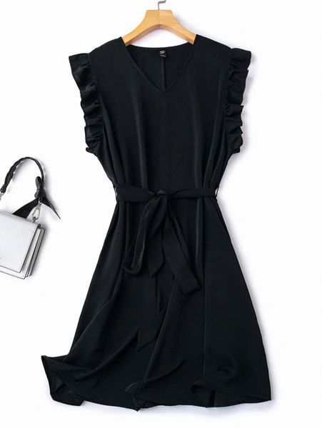 

plus ruffle trim belted dress k8tq#, Black