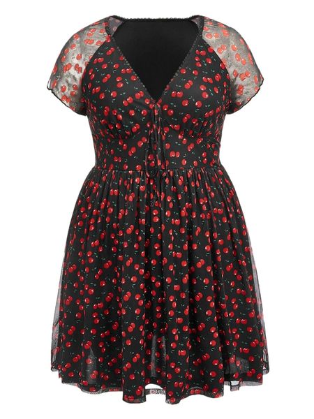 

plus raglan sleeve knot front cherry print mesh dress t971#, Black