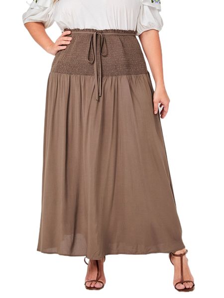 

plus shirred waist frill trim belted skirt m0gv#, Black