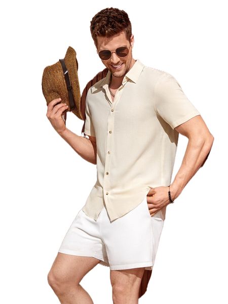 

men solid shirt & slant pockets shorts 70cl#, Gray