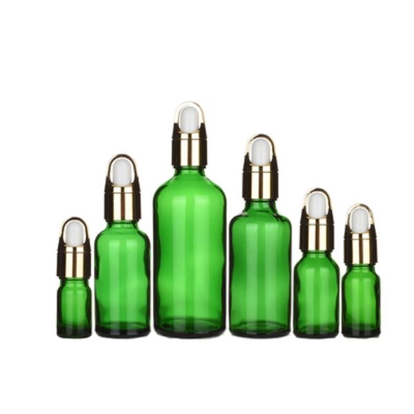 Ätherische Ölflasche, Glas, leer, klar, grün, rund, goldfarben, Blumenkorbdeckel, Kosmetikbehälter, nachfüllbare Tropfflaschen, 5 ml, 10 ml, 15 ml, 20 ml, 30 ml, 50 ml, 100 ml