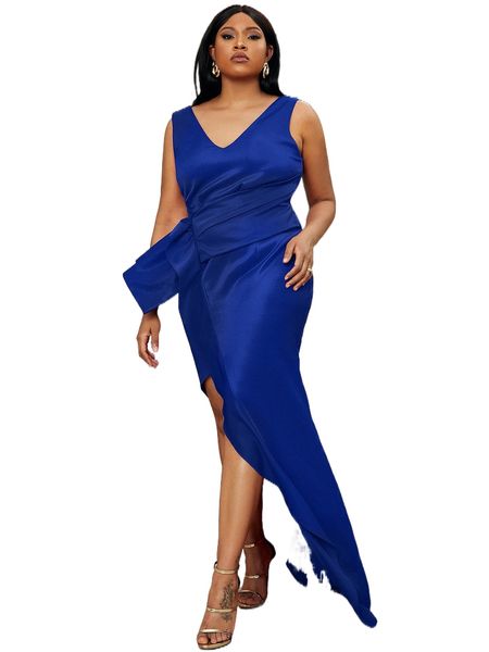 

seomiscky plus draped ruffle trim asymmetrical hem dress j7p5#, Black